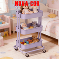 Carrinho de armazenamento multifuncional com cestos de metal de 3 camadas e estrutura metálica.